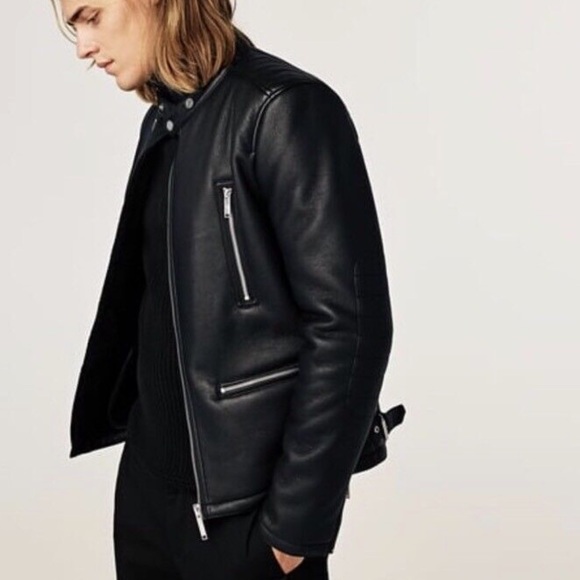 Zara Man Fleece Lined Vegan Leather Jacket with Silver Zipper Hardware - Picture 3 of 17